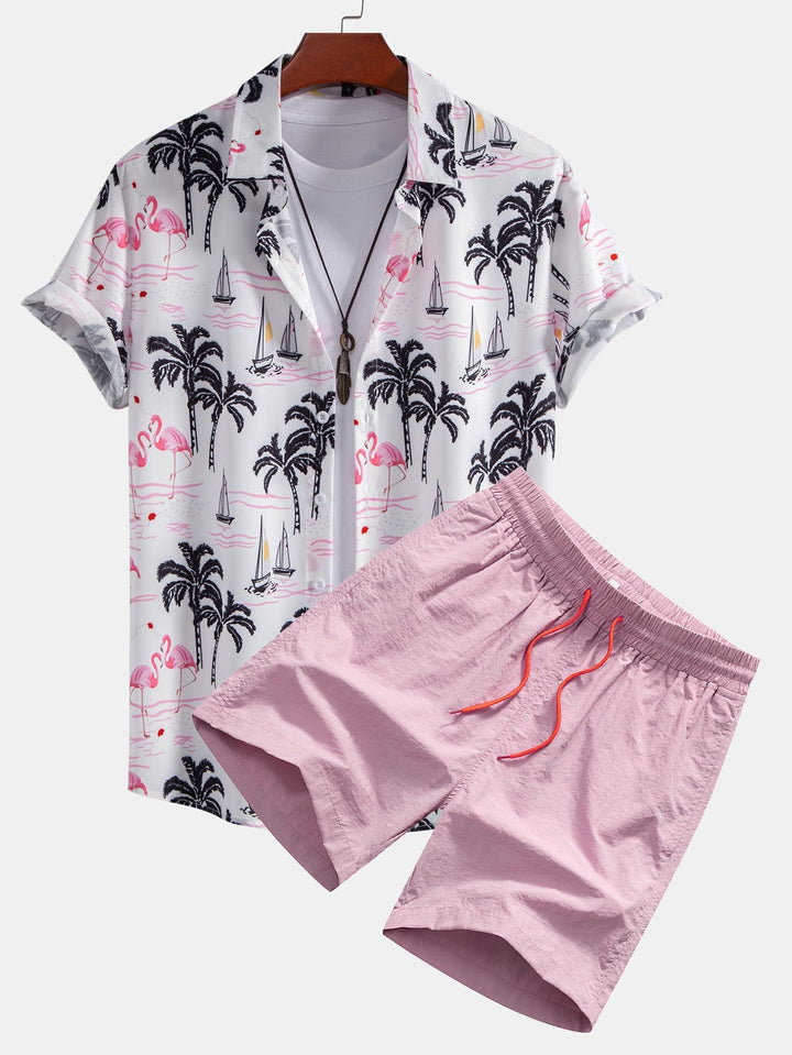 Palm Tree Flamingo Print Button Up Shirt & Swim Shorts
