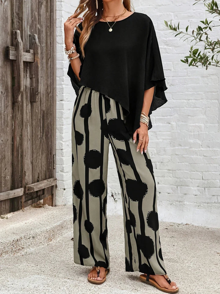 Trendy Women's Asymmetric Top with Stylish Printed Pant Set
