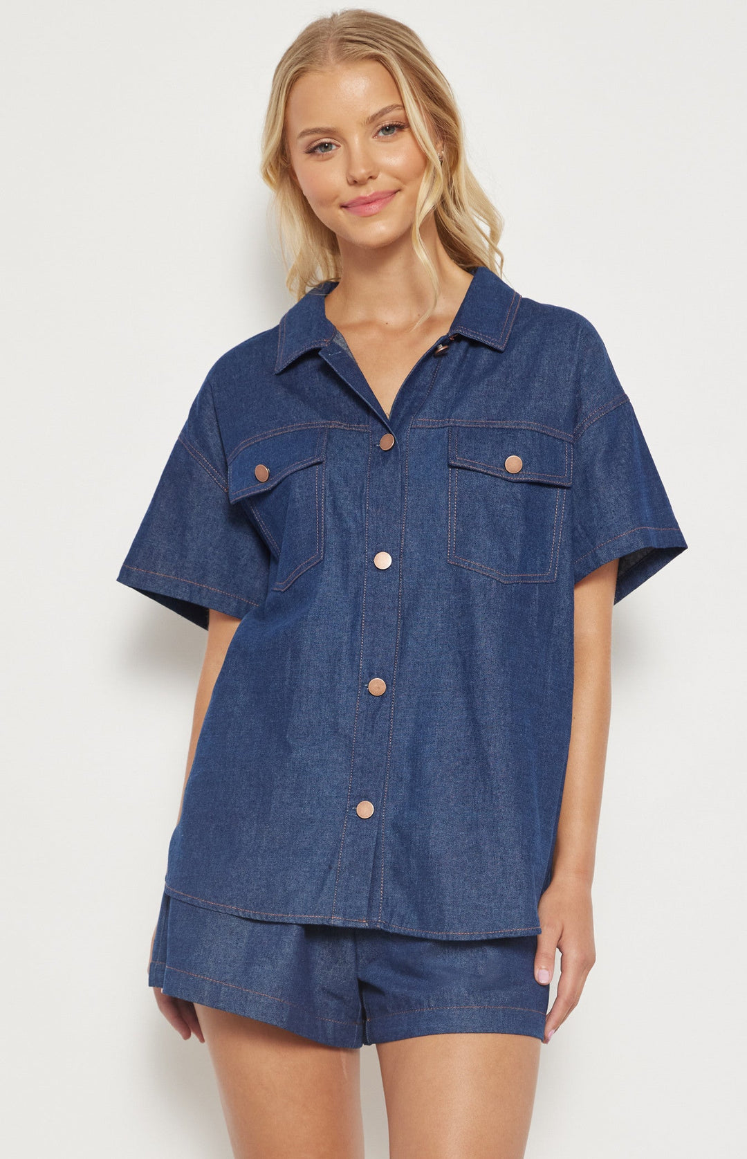 Billie Contrast Stitching Chambray Set